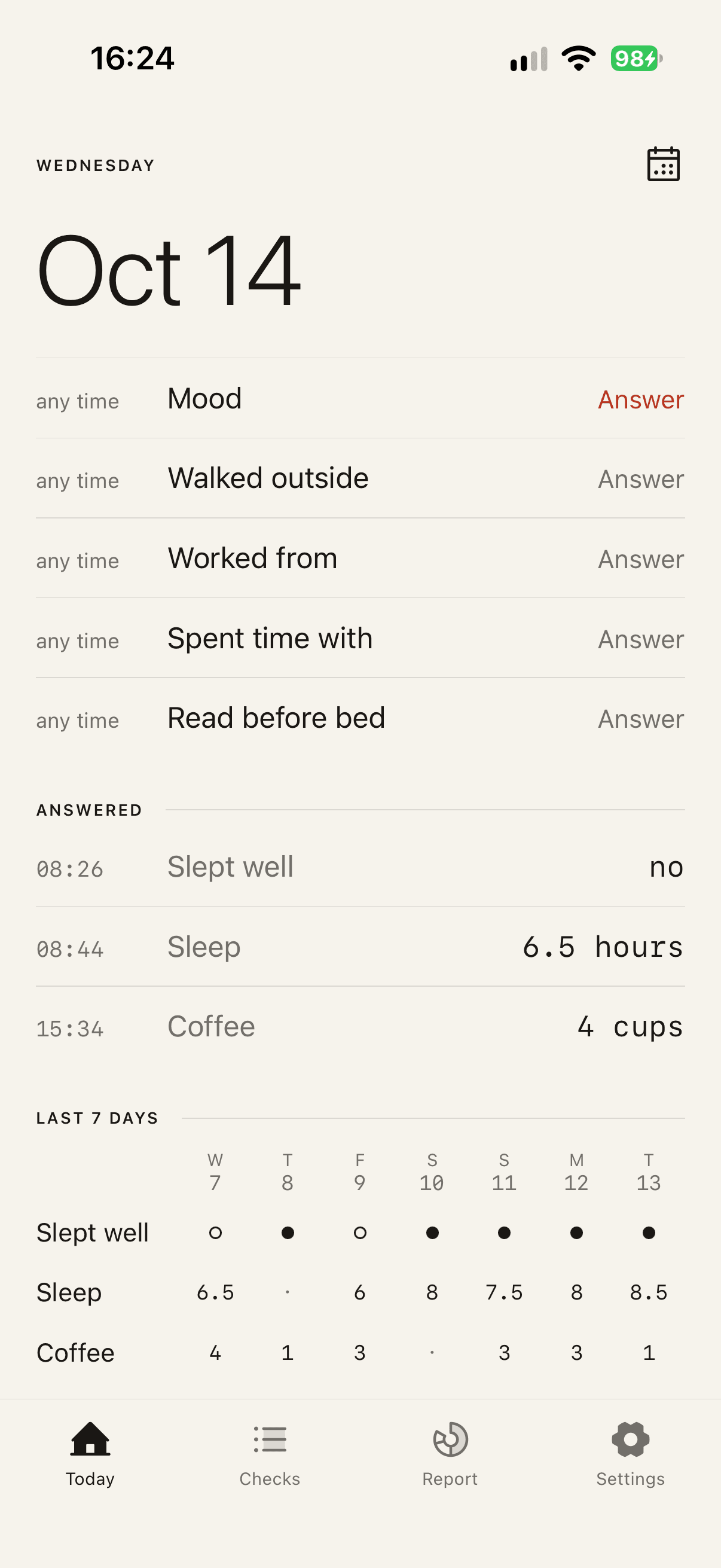 The Today screen for Wednesday, Oct 14: five checks still open, three answered (Slept well: no, Sleep: 6.5 hours, Coffee: 4 cups), and a grid of the last 7 days.